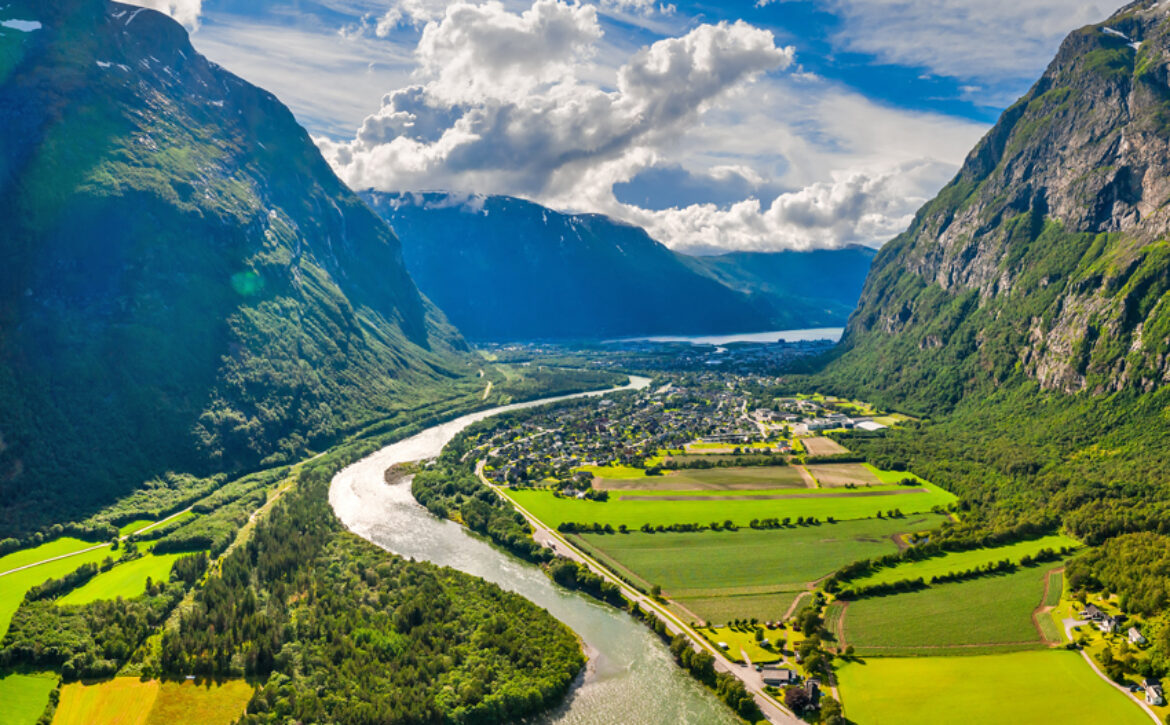 Village of Sunndalsora lies at the mouth of the river Driva at t